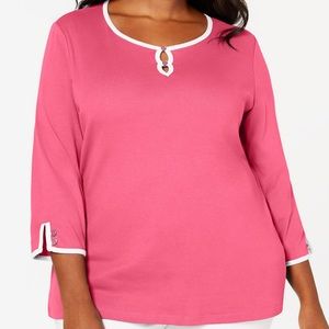 🌸Contrast-trim keyhole cotton top scoop neckline